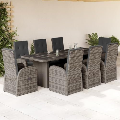 Homgoday Set da pranzo giardino 9 pezzi e cuscini in rattan sintetico grigio, sedia tavolo cucina esterno terrazza patio balcone mobili tipo 2