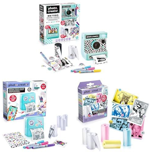 CANAL TOYS INSTANT Retro Kamera, Photo Creator CLK017- Taschendrucker-Set, Photo Creator CLK 016- Nachfüllset Thermopapier mit Aufklebern für Sofortbildkamera, farbiges Thermopapier