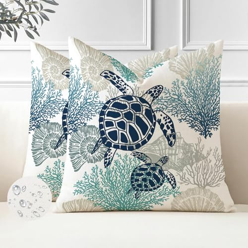 Miuyunya Kissenbezüge Maritim 40 X 40 Outdoor Kissen Wasserfest Wohnzimmer Kissenhülle Petrol Grün 2er Set Polster Ozean Strand Dekorative Zierkissenbezüge für Sofa Frühling Dekokissen Moderne