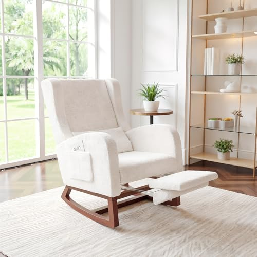 QMTXBYJ Silla Mecedora,con reposapiés,cojín Lumbar y Bolsillo Lateral,Sillon Lactancia con Estructura de Madera,Silla Mecedora para Adulto,Sillon de Lectura,Silla Dormitorio,sillones para el salón