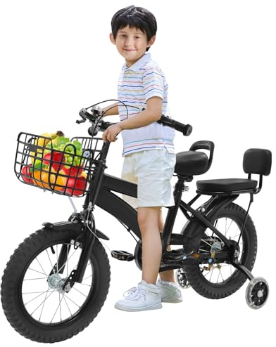 CUMELLIIR Kinderfahrrad 14 Zoll Jungen Mädchen, Fahrrad Mit Stützräder, Vorderrkorb und Rückenlehnen, Höhe Einstellen, Hoher Kohlenstoffstahl Fahrrad Kinder Ab 4 Jahre, Schwarz