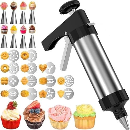 Biscuit Maker Gun Kit - Stainless Steel Cookie Press with 13 Discs & 8 Nozzles - Perfect for Decorating Cakes and Making Cookies - User-Friendly Biscuit Press Set