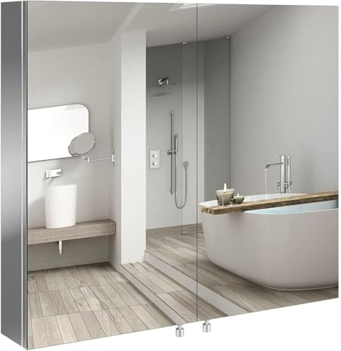 Badezimmerspiegelschrank mit Spiegel | Hängeschrank mit Tür & Ablagen | Badschrank wandhängend | Schrank für Bad, Gäste-WC, Flur | Weiß, platzsparend & vielseitig einsetzbar