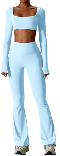 IDOPIP Sport-Set Damen Langarm für Fitness: Zweiteiler Gym Set mit Langarmshirt und Leggings Schlaghose - Sportkleidung für Yoga Pilates Workout