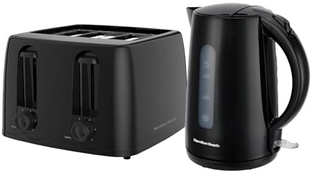 Hamilton Beach Kettle and Toaster Set, Electric Kettle, 1.7L, Toaster 4 Slice, Boil Dry Protection, Fast Boil, Space Saving, 7 Browning Levels, Defrost, Reheat & Cancel, Black - HB13015032BST