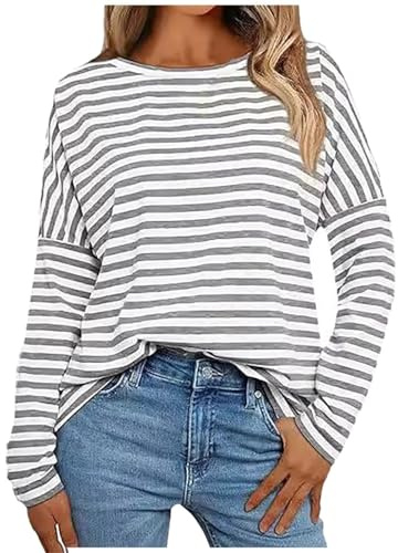 Sweatshirt Damen Streifen Oversize Pullover Herbst Langarm Rundhals Y2K Oberteile Shirt Langarmshirt