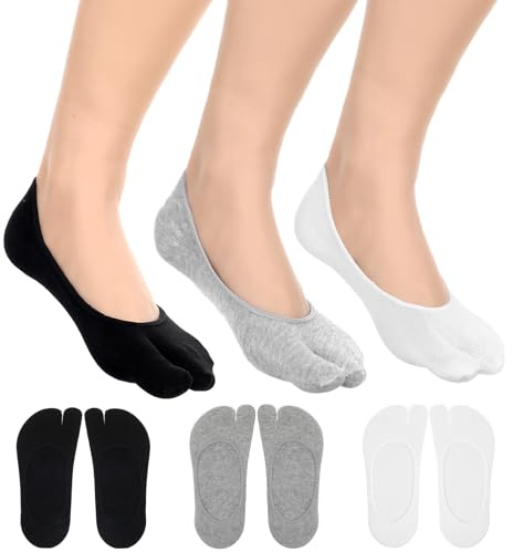 Piriuuo 3 Pairs Flip Flop Socks, Tabi Socks for Women Low Cut Split Toe Cotton No Show Sock Non Slip Ankle Sock for Sandals