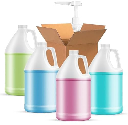 1-Gallon Plastic Jug (4-Pack) Reusable w/Shipping Box, Food-Safe, BPA Free | HDPE Containers for Water, Bev Syrups, Sauces, Detergents, Liquids Soaps | Screw-On White Cap Transparent-Jug | Free-Pump