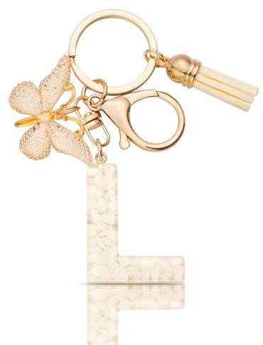 MORSUNBELA Schlüsselanhänger Mädchen Buchstabe mit Schmetterling Beige L