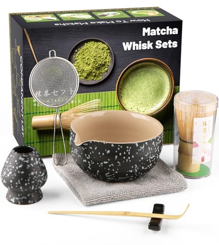 Which Matcha Whisk, Matcha Cup, Matcha Bowl, Chasen, Matcha Sieve, Matcha Spoon (Matcha Whisk-Bamboo, Spouted Bowl: Black Rock)