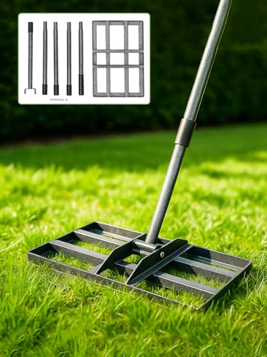 GROWNEER Handy Lawn Levelling Rake 43 x 25 x 190cm, Rasenrechen Garden Grass Squeegee Sand Rakel Tool Scarifier with Long Handle Metal Rasen RechenRakel for Yard, Golf Course (Silver 43*25*190cm)