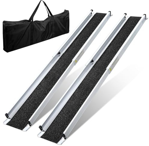Monucep 2 x 121-213 cm Rollstuhlrampe,Aluminium Auffahrrampe,Rampe Rollstuhl bis 300 kg,Rollstuhlrampe Klappbar mit Textiltasche,Teleskoprampe,Treppenrampe für Rollstuhl