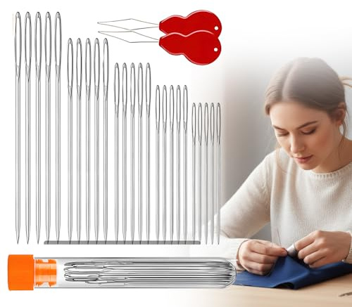 Nähnadeln, Sticknadeln mit Großem Öhr, Stopfnadel mit Nadeleinfädler, Ledernadel Leder Werkzeug Set, Große Augen Nadeln für DIY-Nähen (30 PCS)