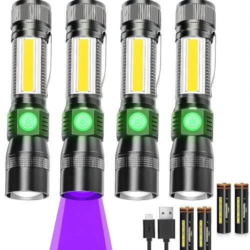 Karrong LED Taschenlampe USB Aufladbar Magnet Schwarzlicht, 395nm UV Lampe Ultraviolette Licht 7 Modi Rotlicht mit Akku für Outdoor Camping Wandern 4 Stück