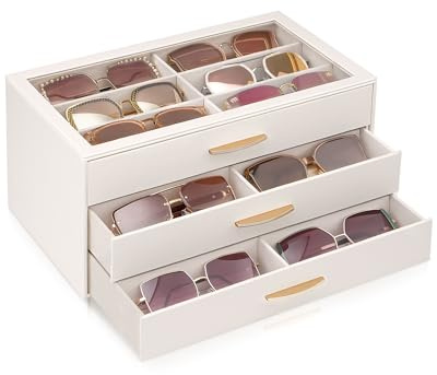 Lolalet 18 Slots Women’s Sunglasses Organizer with Enlarged Compartment, 3-Layer Eyewear Storage Box, Glasses Case Display Holder with Clear Top Lid for Eyeglass Collection, Mothers Day Gifts -Cream