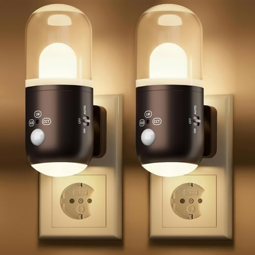 SuglanBee Nachtlicht Steckdose mit Bewegungsmelder & Dämmerungssensor | 3 Farbtemperaturen，RGB 8 Modi ,5 Helligkeitsstufen (20-240 LM) für Flur Treppe Schlafzimmer Wohnzimmer(Kaffee 2Stück)