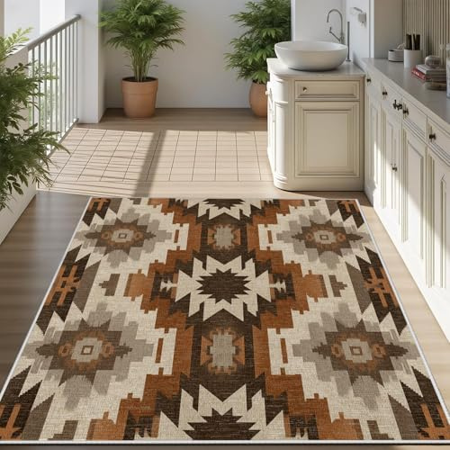 AUWUUA Aztec matta 50 x 100 cm beige brun geometrisk vintage stil tvättbar sydvästra Navajo-stam halkfri dörrmatta för köks- eller hallentré.