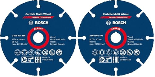 Bosch 1x Disques à tronçonner EXPERT Carbide Multi Wheel (pour Bois dur, Bois clouté, Ø 76 mm, Professional Accessoire Mini meuleuse angulaire) (Lot de 2)