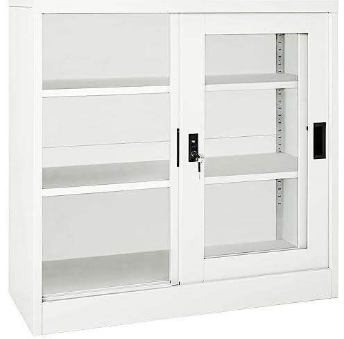 Generic Skjutdörrsskåp, Vit 90x40x90 Cm Stål, med 2 Ställbara Hyllor, Lås, för Kontorsförvaring (Vit)
