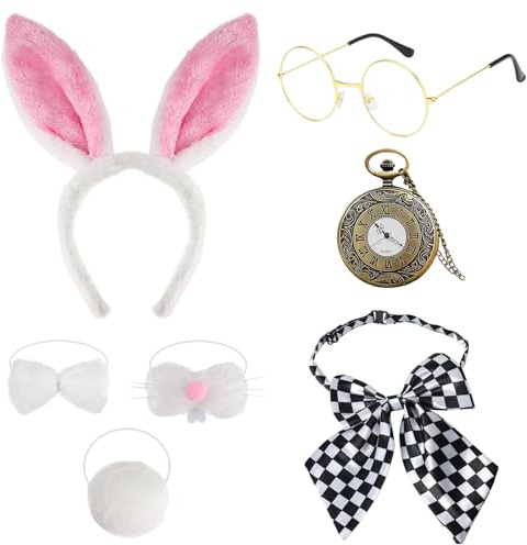 ZXTGBQ 7 Pezzi Orecchie Coniglio Set, Accessori per Costume da Coniglio, Fascia per Capelli, Guanti, Orologio per la Giornata Mondiale, per Carnevale Halloween Pasqua