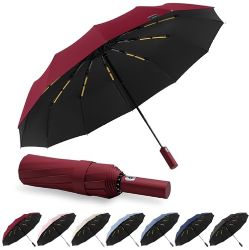 FESDMOH Parapluie Pliant, Grand Parapluie, Parapluie Automatique, Coupe-vent, Stable, pour les Voyages et le Quotidien (Bordeaux)