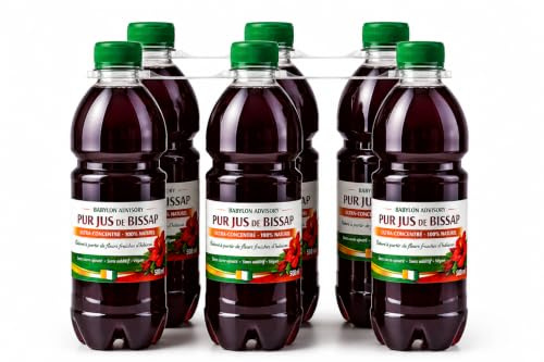 Pur Jus de Bissap 100% Naturel, Sans Sucre Ajouté, Infusion Concentrée d'Hibiscus Premium, Riche en Vitamine C, Vegan, 6x500ml, Boisson Artisanale Ivoirienne