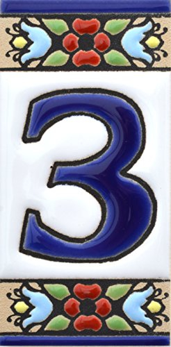 Numéro Maison. Carreaux céramique Peints à la Main avec Technique Corde sèche (cuerda seca). Noms, Directions et signalisation. Dessin Flores Mini 7,3 cm x 3,5 cm. (NUMÉRO Tres 3)