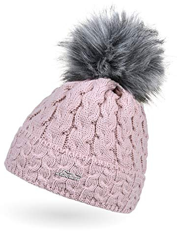 Neverless® Damen Strick-Mütze gefüttert Fell-Bommel Kunstfell Winter-Mütze Bommelmütze Zopfstrickmuster Fleece-Innenfutter Umschlag rosa