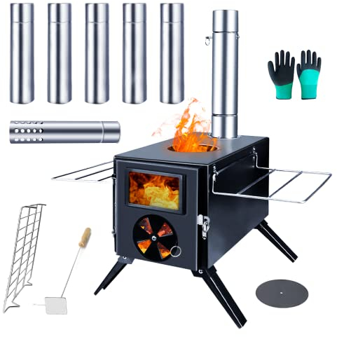 Fitinhot Camp Wood Stove, Tent Wood Burning Stoves Portable with Chimney Pipes, Upgraded Titanium Surface Camping Stove, Heat Resistant Glass & Gloves for Outdoor (Black)