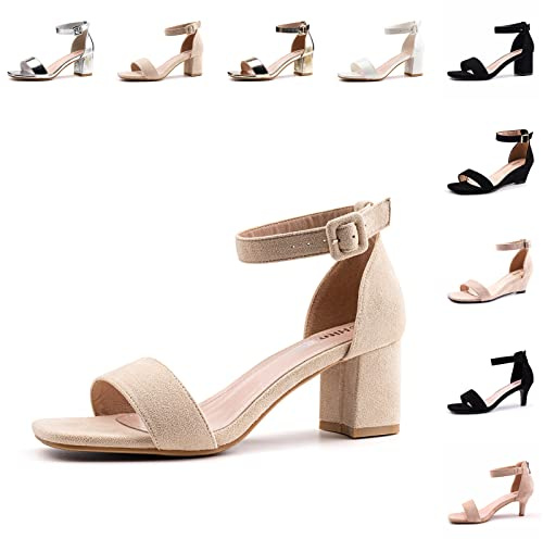 Hitmars Sandalen Damen mit Absatz Sommer Sandaletten Schnalle Einstellbar Kunstleder Offener Zeh Elegant Pumps Fesselriemen Leicht Blockabsatz 6cm 1-Khaki EU40