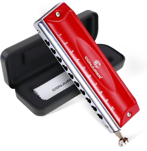 Conjurer Chromatische Mundharmonika C-Dur 10-Loch Harp Profiinstrument Harmonika Anfänger Fortgeschrittene, Chromatic Harmonica mit Hervorragender Klang, 1040 C Dur, Rot