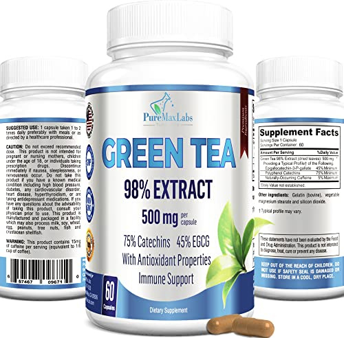 YUMMYVITE Green Tea Extract 98% - 3X Strength, 75% Polyphenol Catechins, 45% EGCG, Super Antioxidant - 60 Capsules