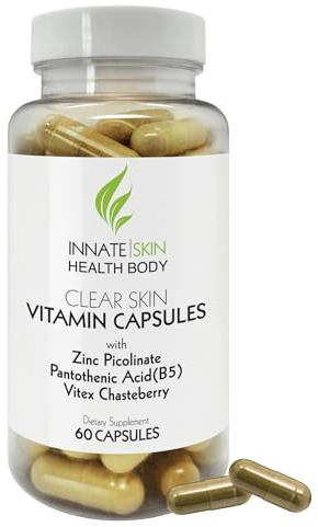Clear Skin Acne Vitamins Capsules | Complexion Supplements with Pantothenic Acid B5, Zinc Picolinate, Vitex Chasteberry | 60 Count