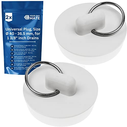 Tappo universale, 2 pezzi, bianco, Ø 40 su 36,5 mm sopra su sotto, tappo di scarico in gomma per piani valvola da 1 3/8 pollici, tappo di scarico lavabo, tappo lavabo, tappo vasca da bagno