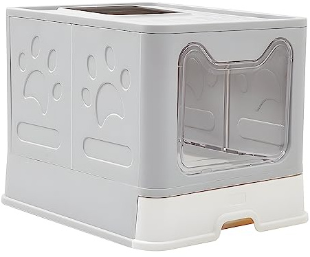 The Fellie Cat Litter Box with Drawer Pan and Scoop, Large Space Foldable Litter Tray with Lid, Hooded Cat Litter Tray, Odor Control Easy Clean Litter Tray, 51 x 41 x 38 cm, Grey