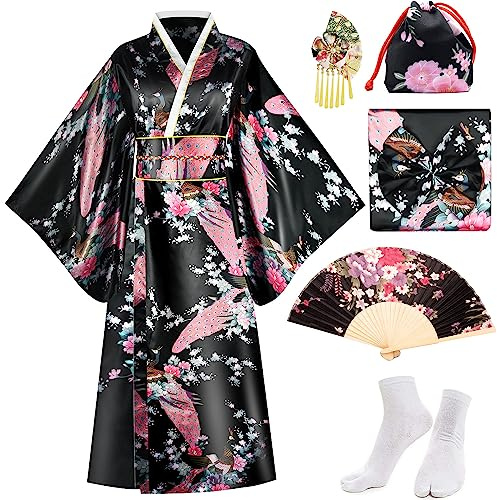 PLULON 5 Pcs Kimono Japonés Bata Geisha Yukata Vestido Flor de Pavo Real Albornoz de Satén con Accesorios para Mujer