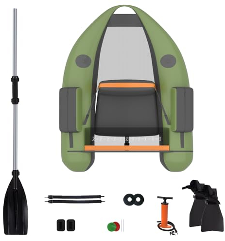 HOMASIS Schlauchboot, aufblasbares Angelboot mit Pumpe, Fischerboot mit Verstellbarer Rückenlehne, Belly Boat inkl. Alu-Paddel & Flossen, bis zu 160 kg belastbar, 136 x 105 x 54 cm (Grün)
