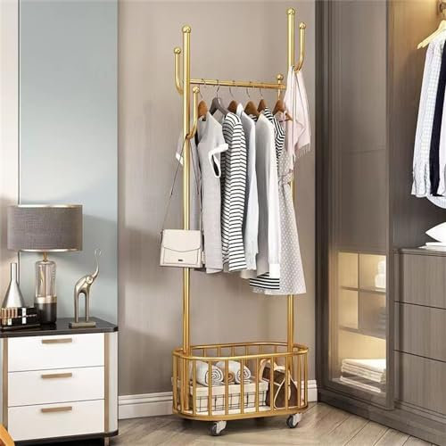 HUMAJORY Kleiderstangen, Kleiderständer aus Metall mit Rädern, Multifunktionale Kleiderstange mit Aufbewahrungstasche, Kleiderständer, Garderobe for Schlafzimmer, Waschküche, Wohnzimmer(Gold)