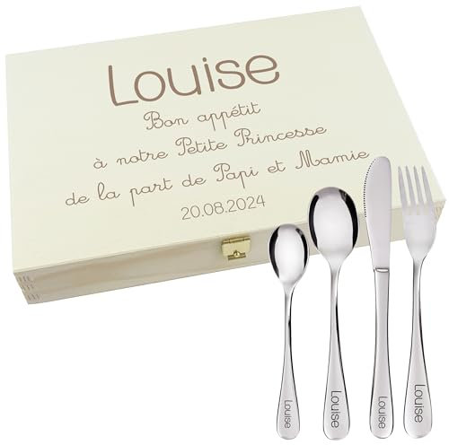 Gravure Events - Coffret en Bois avec 4 Couverts personnalisés pour Enfant - prénom gravé en France - Cadeau Noël bébé, Baptême, Cadeau de Naissance Fille ou garçon - Modèle Texte