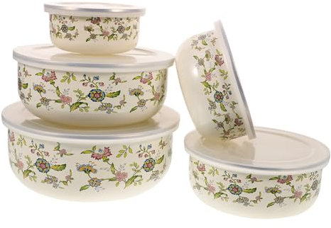 PHENOFICE 5pezzi Ciotole Smaltate con Coperchio per Conservazione Alimentare Multiuso per Insalate Frutta e Zuppe Design Impilabile con Base Rinforzata per Cucina Pratica