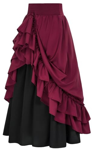 Renaissance Women's Gothic Patchwork Ruffle Layered Swing Skirt - Stretch High Waist A-Line Midi Steampunk Retro Victorian Tiered Skirt