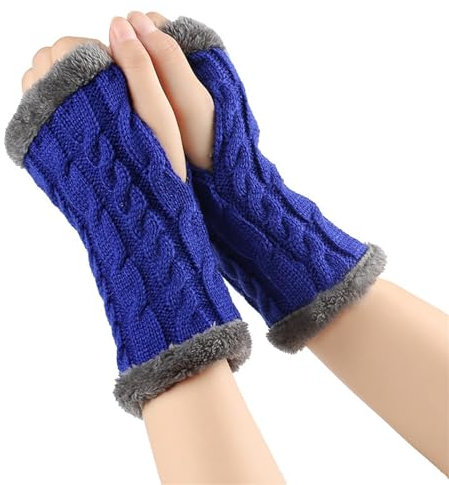 Halb Fingerlose Handschuhe Fleece Gefütterte Pulswärmer Warme Gestrickte Winterhandschuhe Kurze Armwärmer Stulpen Thermo Halb Fingerhandschuhe Plüsch Armstulpen Handstulpen mit Daumenloch (Dunkelblau)