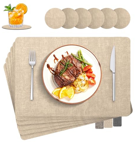 Set di 6 tovagliette lavabili in finta tela con effetto pelle, con sottobicchieri, resistenti al calore su entrambi i lati, 30x43 cm, tovagliette antiscivolo per casa, cucina, ristorante e hotel