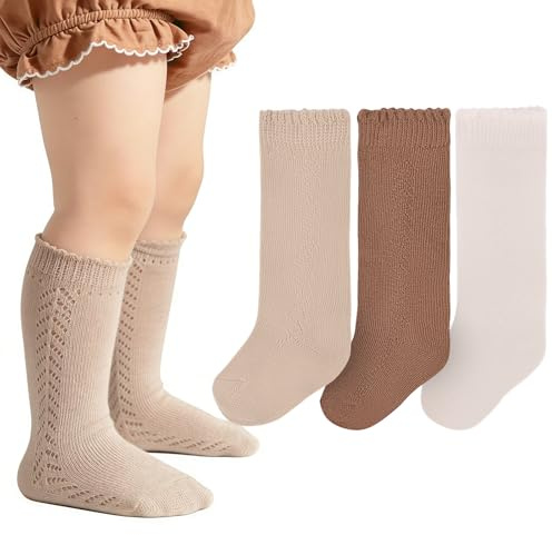 LEHEEYWT 3 paia di calze al ginocchio per neonati, calze in rete per bambini, calze lunghe in cotone lavorato a maglia, Colori misti., 0-12 Months