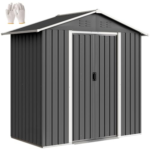 Outsunny Casetta da Giardino 1.8m² in Acciaio Zincato con Prese d'Aria, Capanno Porta Attrezzi con Doppia Porta Scorrevole Bloccabile, Tetto Inclinato, Guanti, 194x107x191 cm, Grigio Scuro