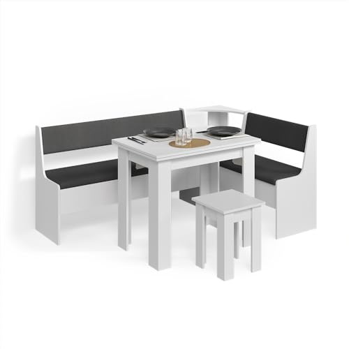 Livinity Gruppo panca ad angolo Tiberio, Bianco, 180 x 120 cm con tavolo