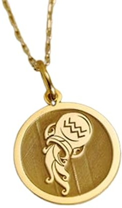 Collar con colgante en relieve del signo zodiacal Acuario, hecho en plata de ley 925 con baño de oro, cadena de eslabones de 45 cm (18), dije redondo para joyería unisex hecha a mano | WW_EMBO_00691