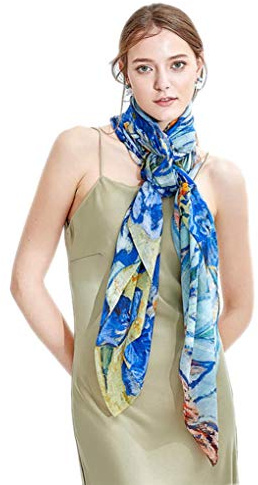 Prettystern Grande-taille Femme 180/110 Cm étole en Soie Châle Pareo Peinture Tableau Arte Bleu Iris Iris P915
