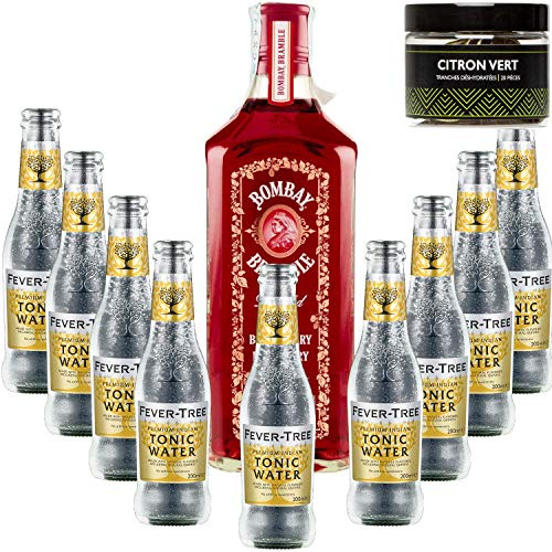 Paquete Gintonic - Gin Bombay frambuesa + 9 Fever Indian Tree Premium Agua - (70cl + 9 20cl *) + Pot 20 rodajas de limón seca verde