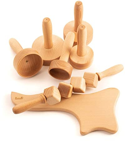 Tuuli Maderotherapie Holz Set mit 5 Holztassen, Würfelroller und Paddle | 7-teiliges Buchenholz-Set mit 5 Tassengrößen, 40-cm-Würfelroller und Gua Sha Paddle